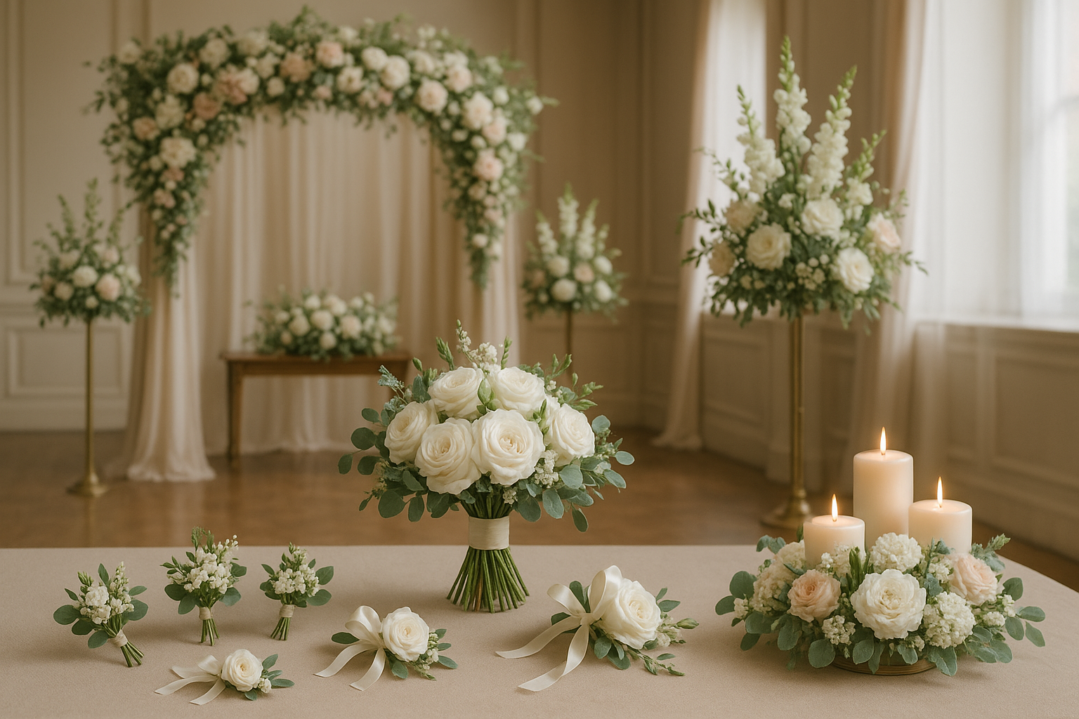 Event & Wedding Floristry:

Wedding Packages: Bridal bouquets, boutonnieres, corsages, ceremony arches, altar arrangements, and reception centerpieces.