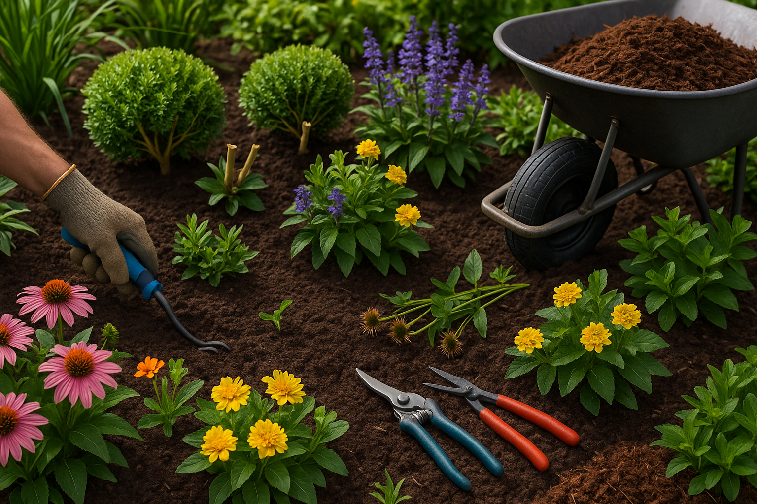 Garden bed maintenance: weeding, pruning, deadheading, and mulching.