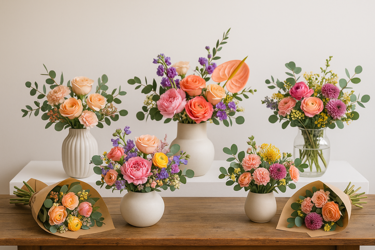 Hand-tied bouquets, vase arrangements, and modern floral designs for everyday purchase ("just because" gifts).