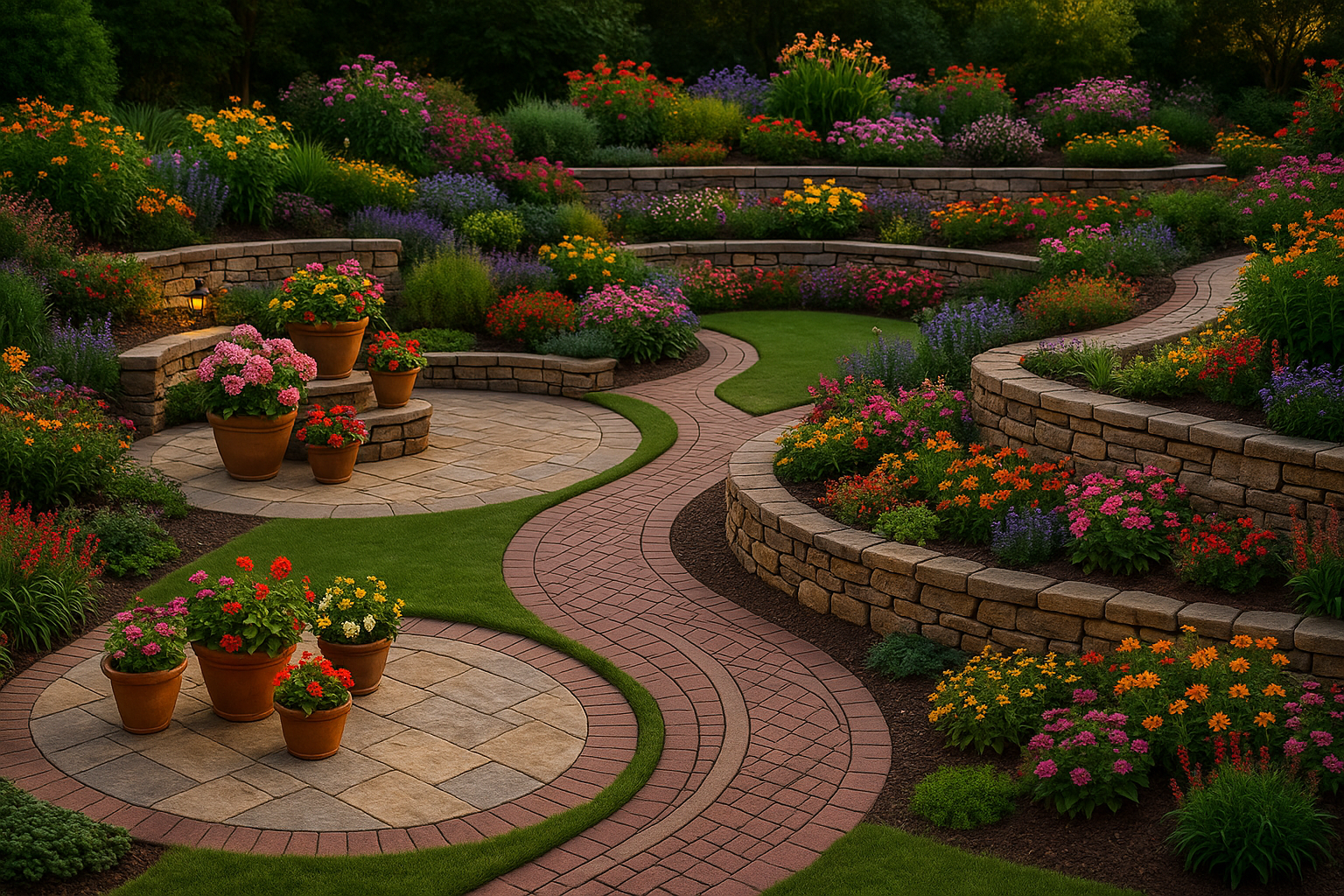 Patios, walkways, and retaining walls using pavers, natural stone, or concrete. for florists