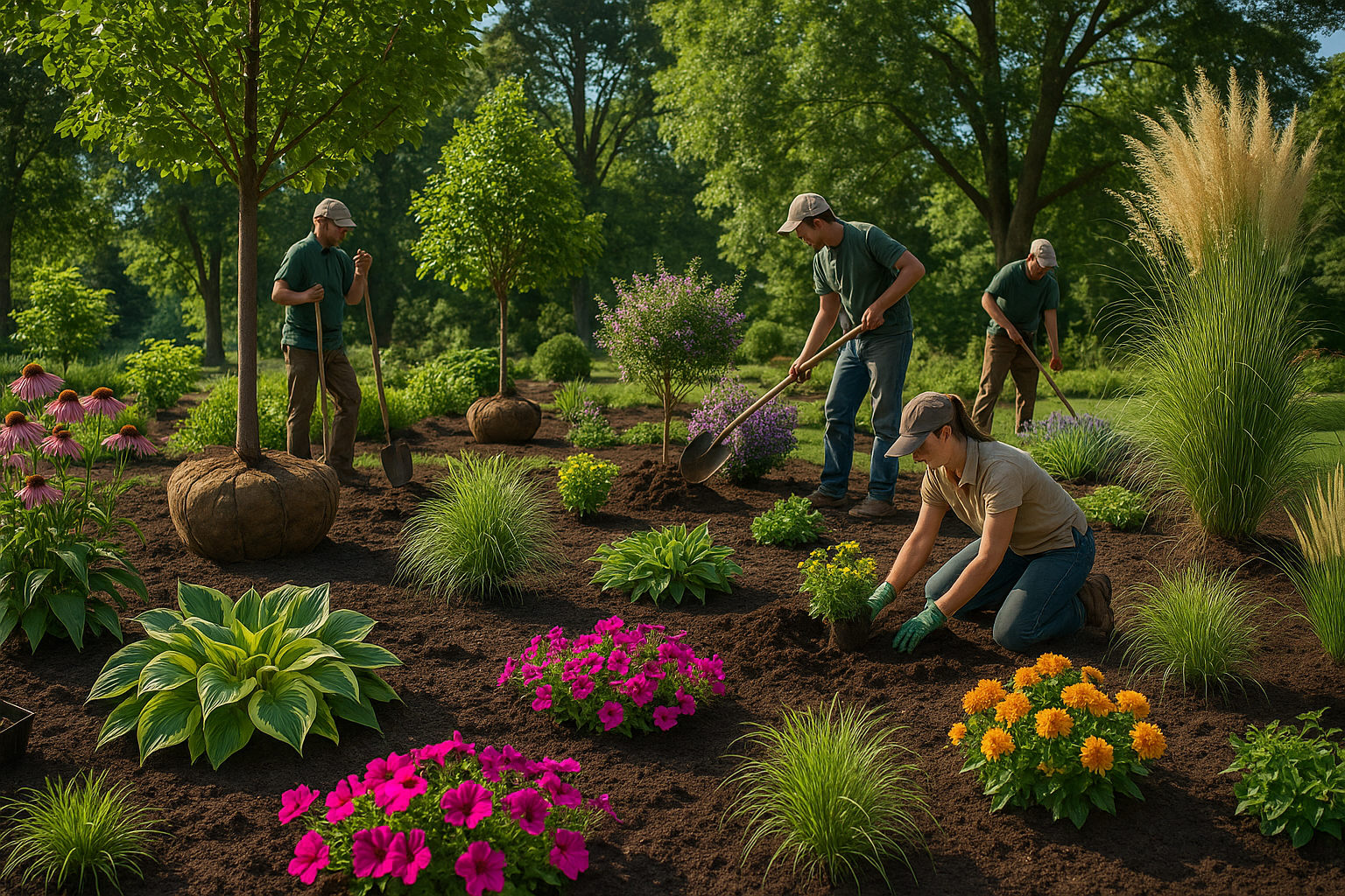 Planting trees, shrubs, perennials, annuals, and ornamental grasses.